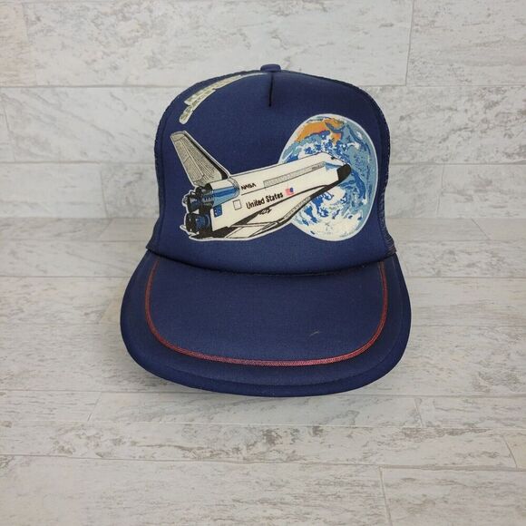 Vintage NASA Kennedy Space Center Hat Blue Foam Snapback Trucker Cap Taiwan 80s - Picture 1 of 10
